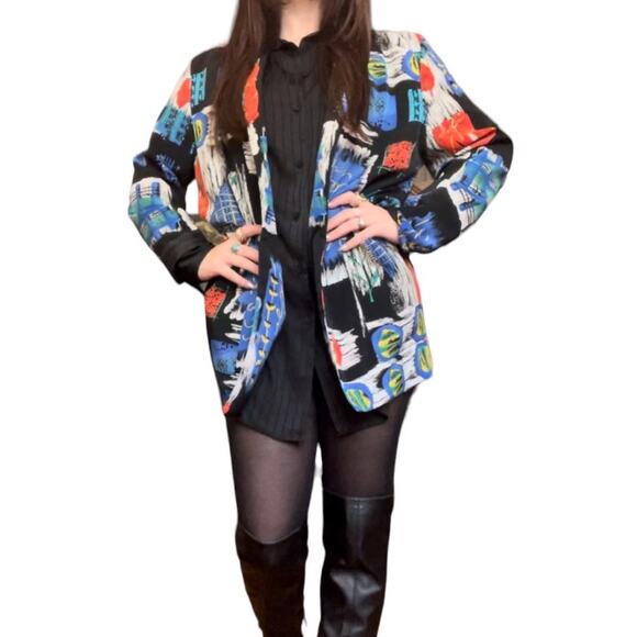 Vintage 1980s Kensington Square Cobalt Abstract Shawl Collar Blazer S - Picture 2 of 9